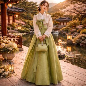 Elegant Traditional Korean Hanbok Set – Cream & Jade Green with Matching Purse |